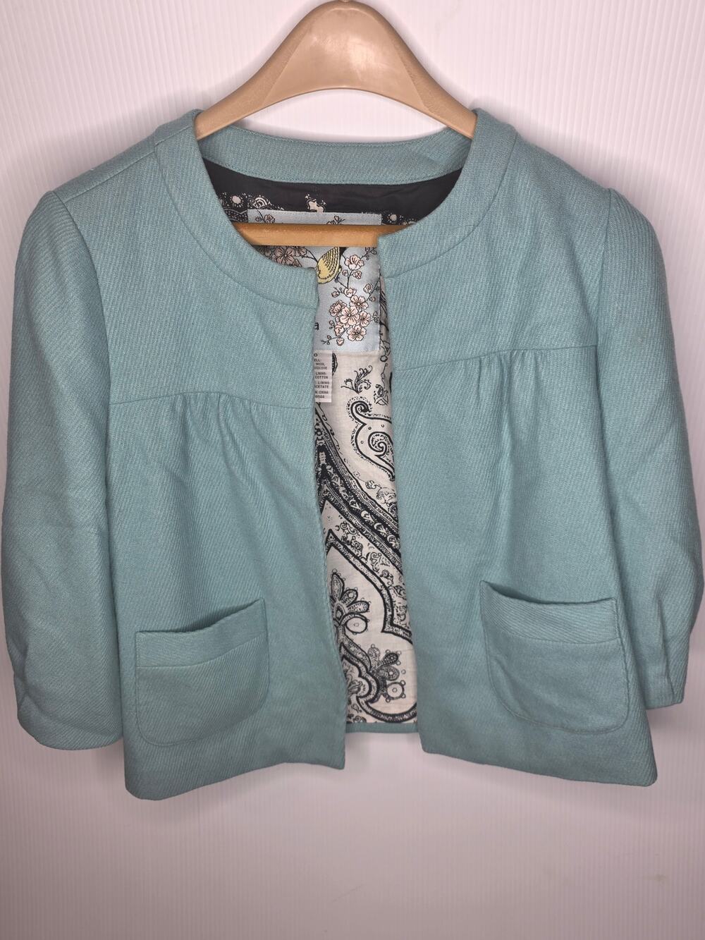 Anthropologie Tabitha 0 Teal  Wool Blend Cropped Jacket Whimsical Paisley Chic